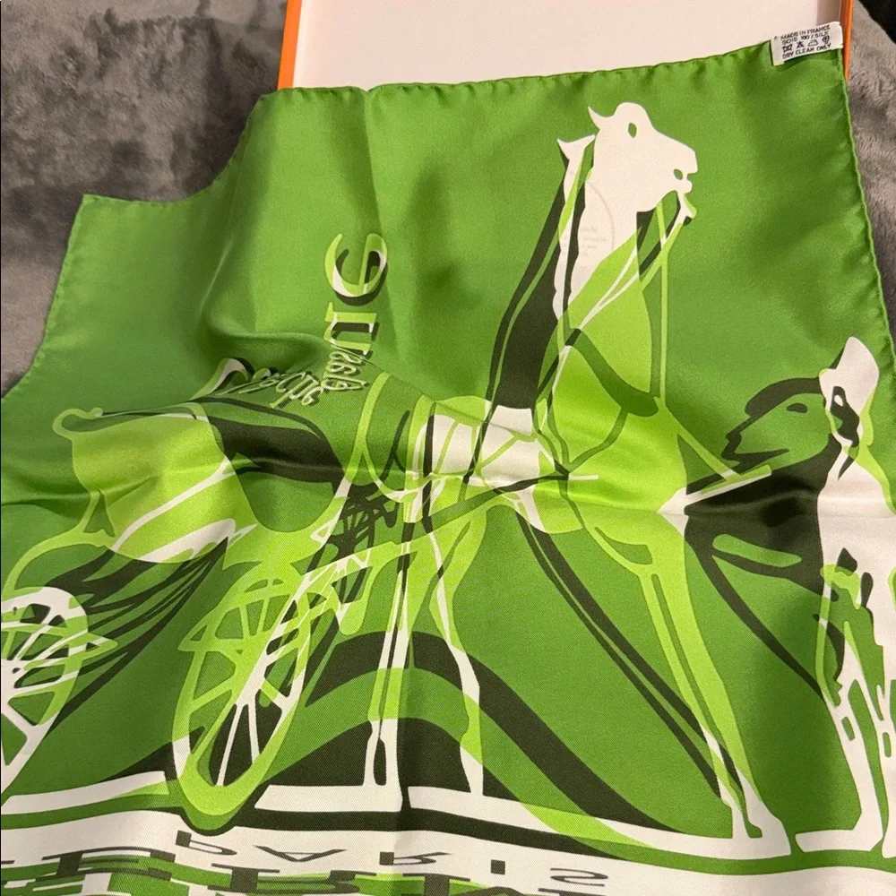 Hermes Green and White Silk Scarf Calèche élastique